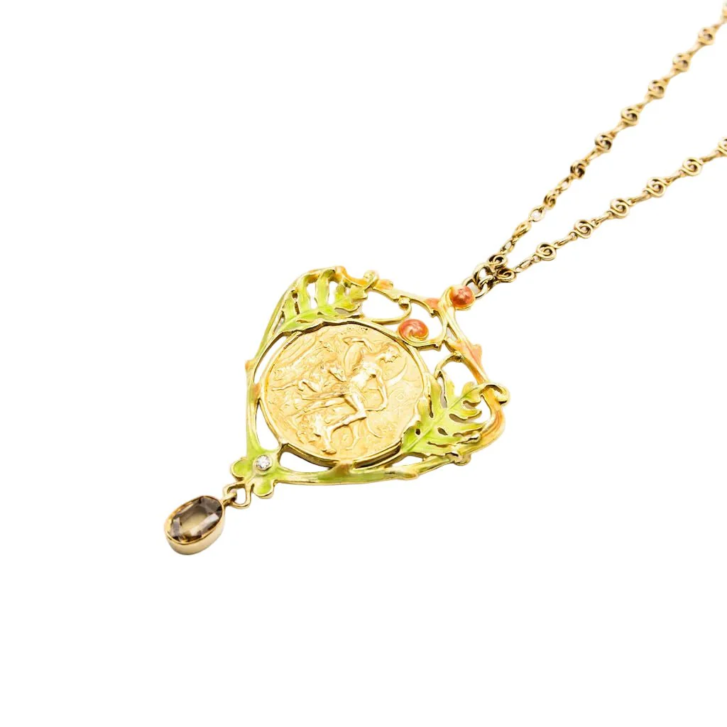 Collier Pendentif Art Nouveau HENRI VEVER en or jaune, émail et béryl - Image 2
