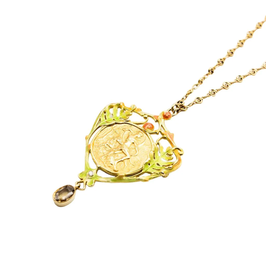 Collier Pendentif Art Nouveau HENRI VEVER en or jaune, émail et béryl - Image 3