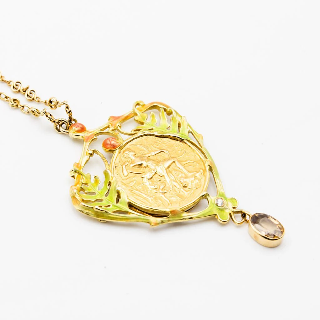 Collier Pendentif Art Nouveau HENRI VEVER en or jaune, émail et béryl - Image 9