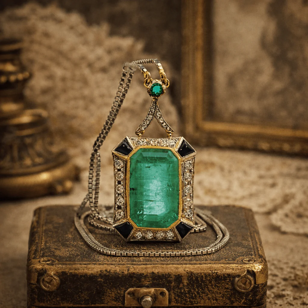 Collier Pendentif en or blanc, or jaune, platine, émeraude et diamants - Image 5