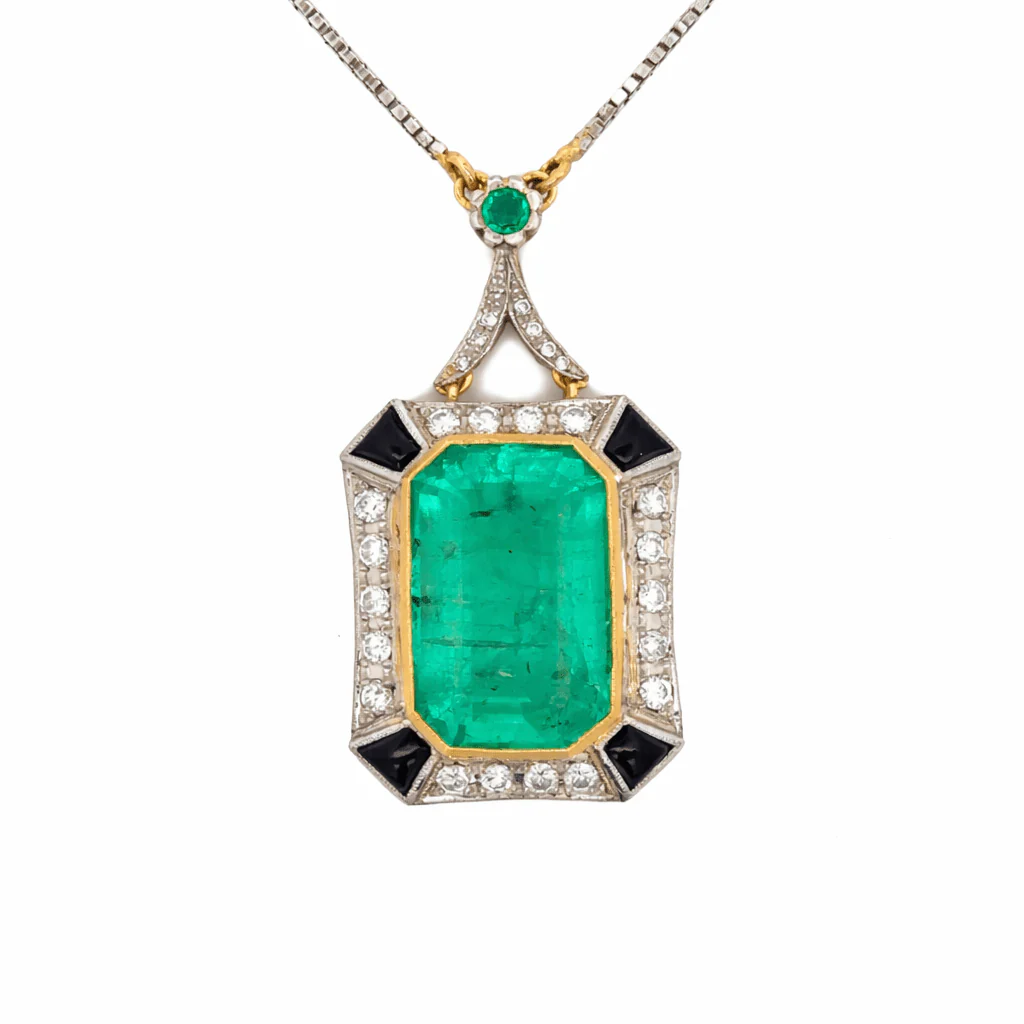 Collier Pendentif en or blanc, or jaune, platine, émeraude et diamants - Image 7