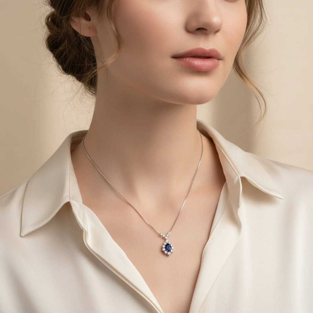 Collier Pendentif en or blanc, saphir et diamants - Image 2