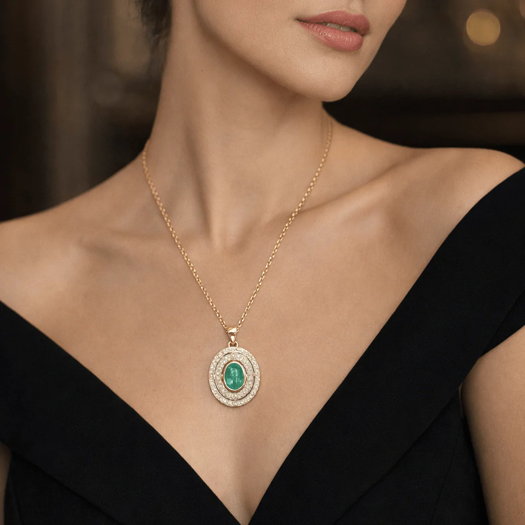 Collier Pendentif en or jaune, émeraude et diamants - Image 2