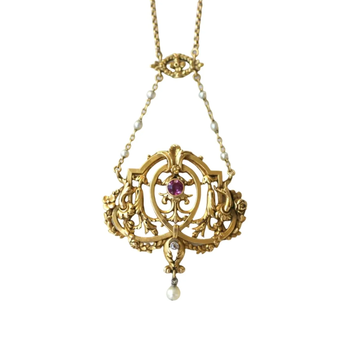 Collier Pendentif en or jaune, rubis, perles et diamants