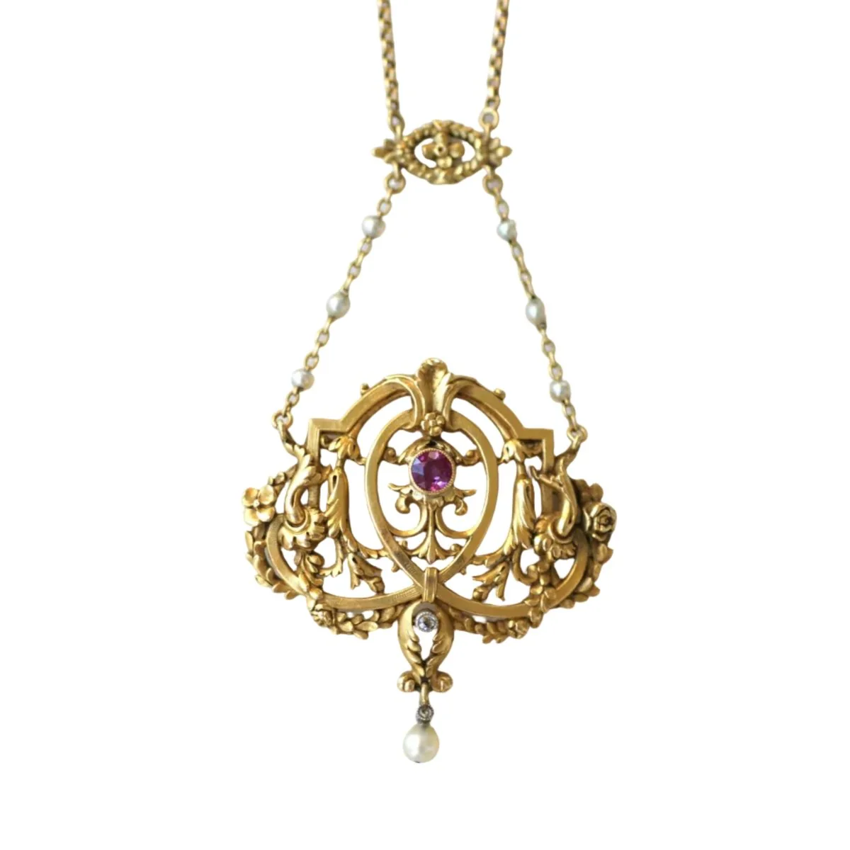 Collier Pendentif en or jaune, rubis, perles et diamants - Image 5