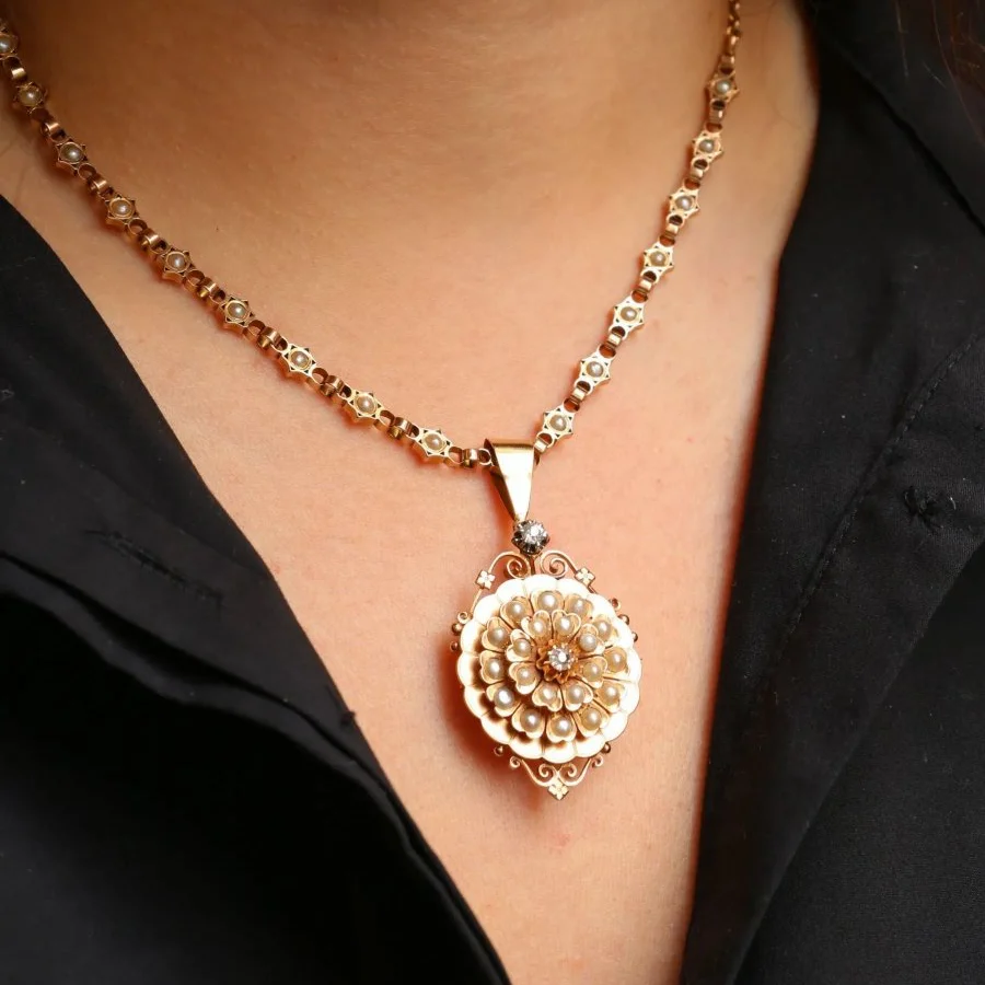 GEORGES BRUNET - Collier Napoléon III or jaune diamants perles fines - Image 2