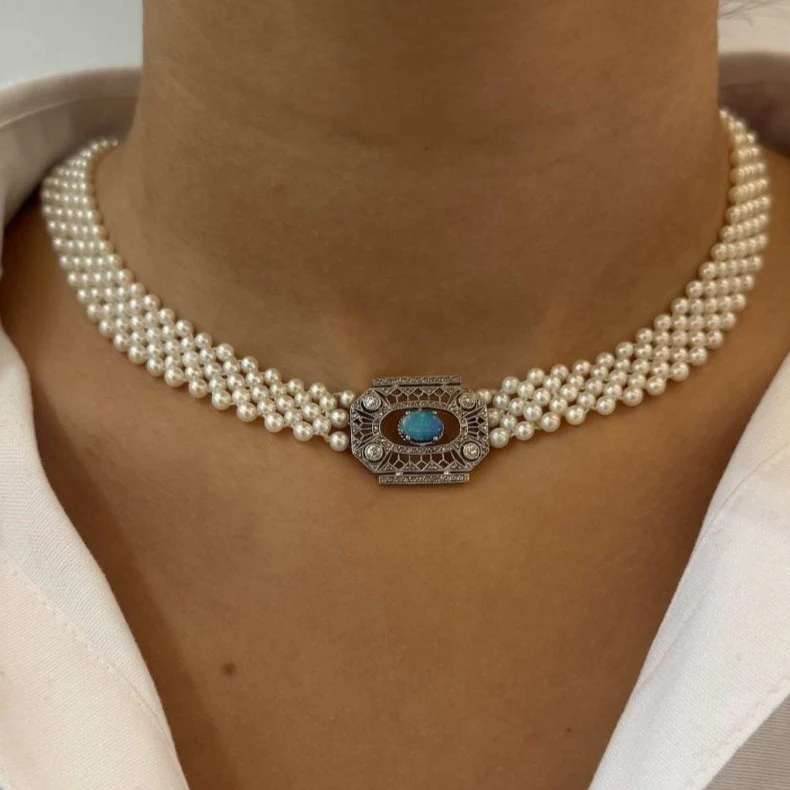 Collier perles de culture et motif art déco diamants - Image 2