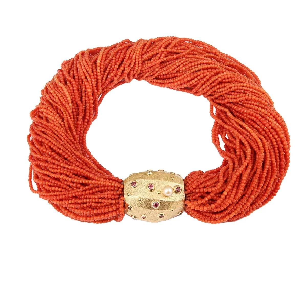 Collier Perles en or jaune, corail, topazes et diamants