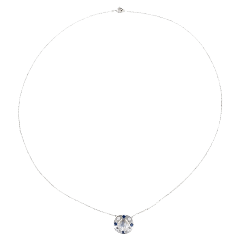 Collier Pendentif en or blanc, pierre de lune, saphirs et diamants - Image 3