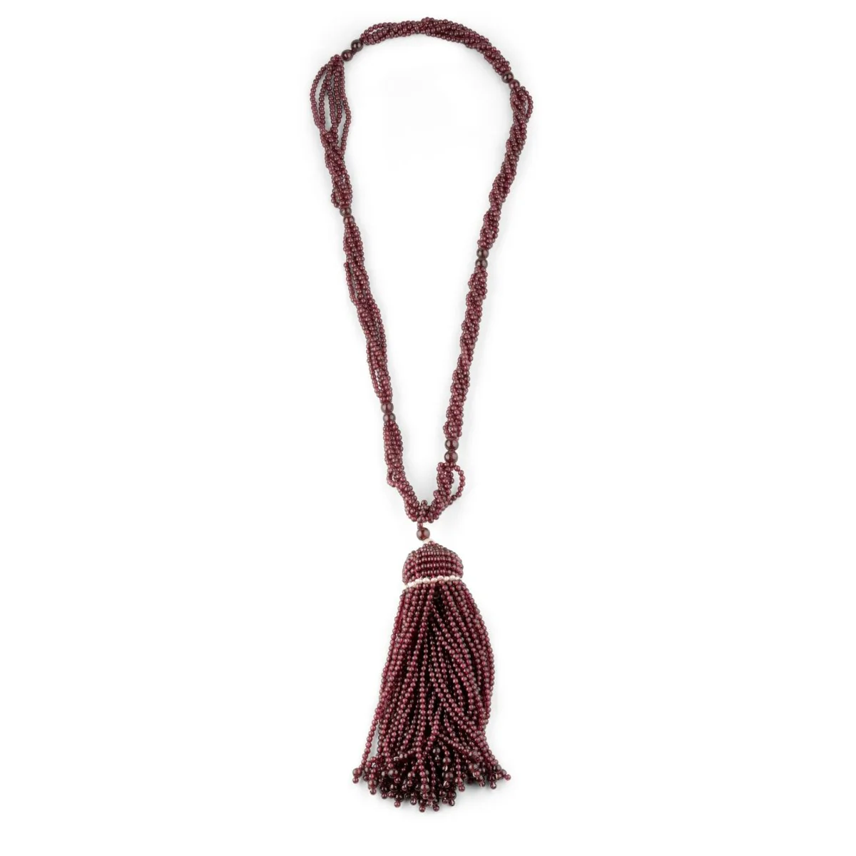 Collier Sautoir Pompon en grenats et perles de culture