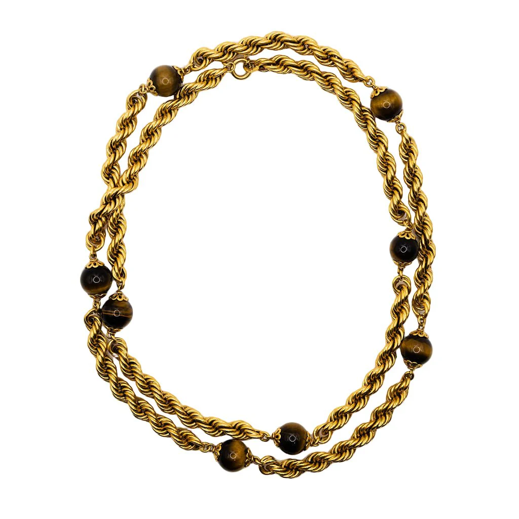 Collier Sautoir maille en or jaune et oeil de tigre