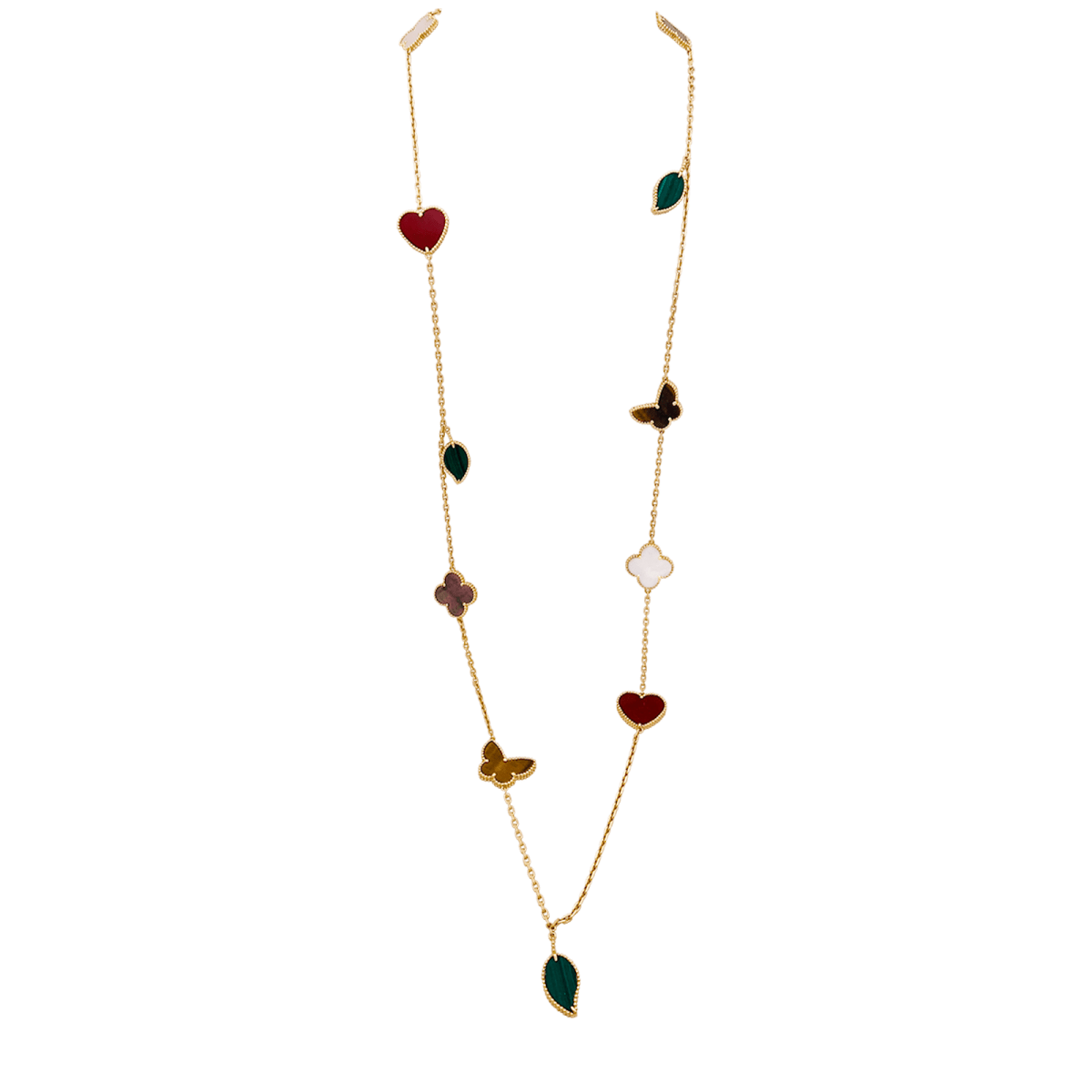 Collier-Sautoir VAN CLEEF & ARPELS "Lucky Alhambra", or jaune, cornaline, malachite, oeil de tigre, nacre