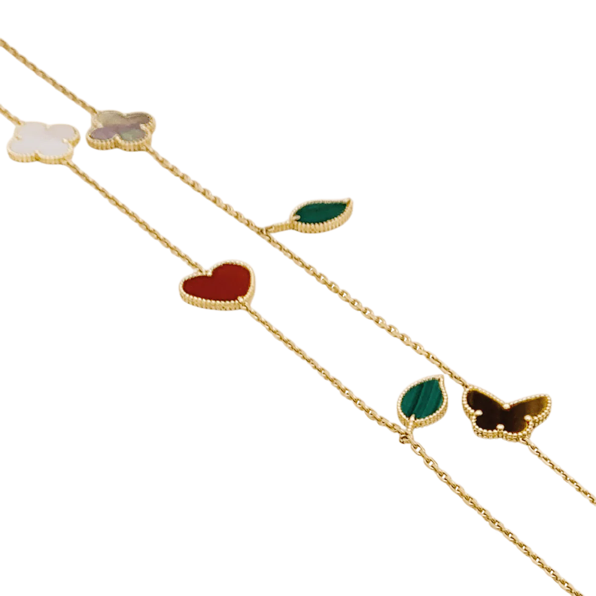 Collier-Sautoir VAN CLEEF & ARPELS "Lucky Alhambra", or jaune, cornaline, malachite, oeil de tigre, nacre - Image 3