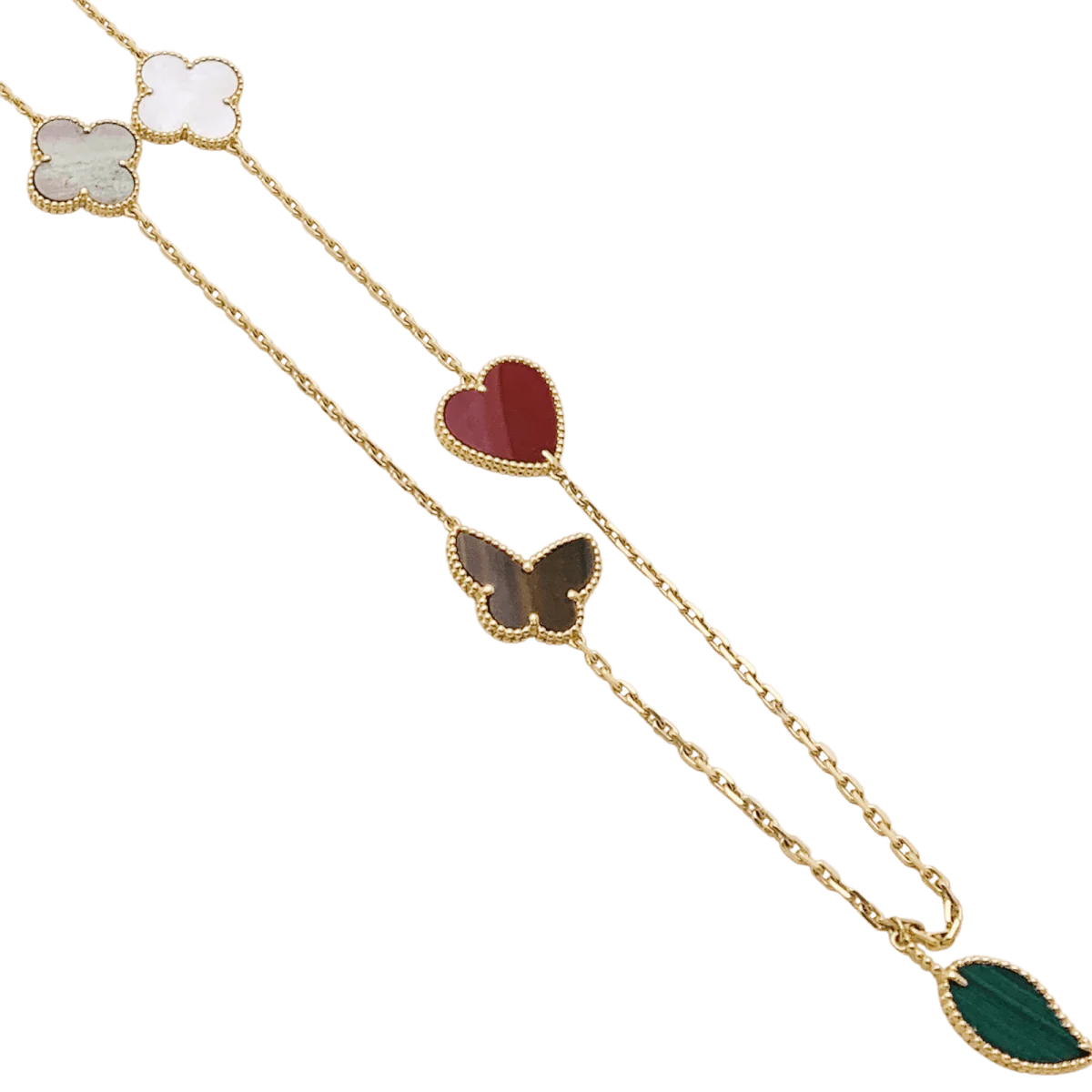 Collier-Sautoir VAN CLEEF & ARPELS "Lucky Alhambra", or jaune, cornaline, malachite, oeil de tigre, nacre - Image 4