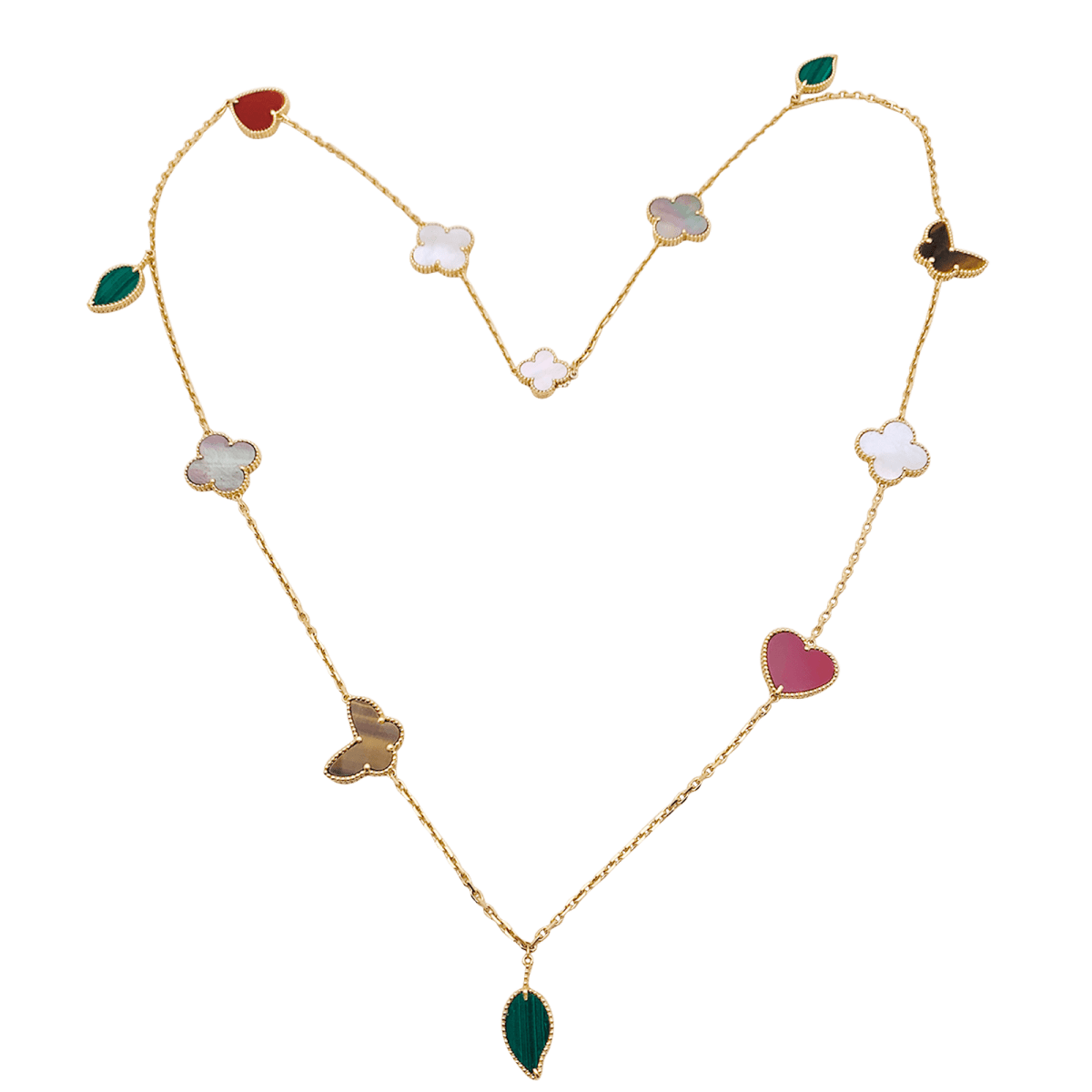 Collier-Sautoir VAN CLEEF & ARPELS "Lucky Alhambra", or jaune, cornaline, malachite, oeil de tigre, nacre - Image 6