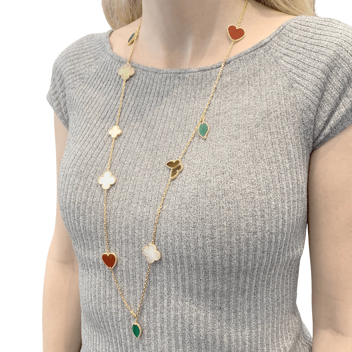 Collier-Sautoir VAN CLEEF & ARPELS "Lucky Alhambra", or jaune, cornaline, malachite, oeil de tigre, nacre - Image 7