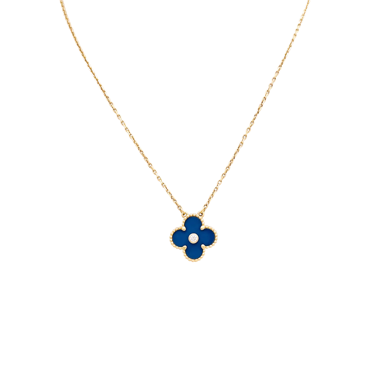 Collier Pendentif VAN CLEEF & ARPELS "Alhambra" en or jaune, porcelaine et diamant