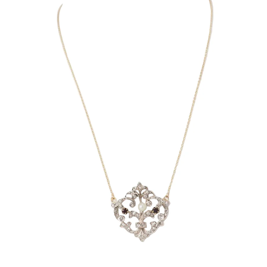 Collier volutes en or jaune et argent, grenat diamants et perle