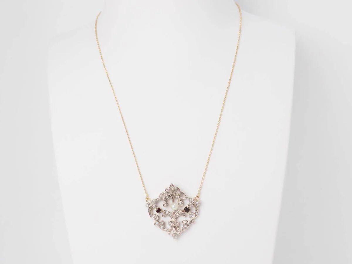 Collier volutes en or jaune et argent, grenat diamants et perle - Image 3