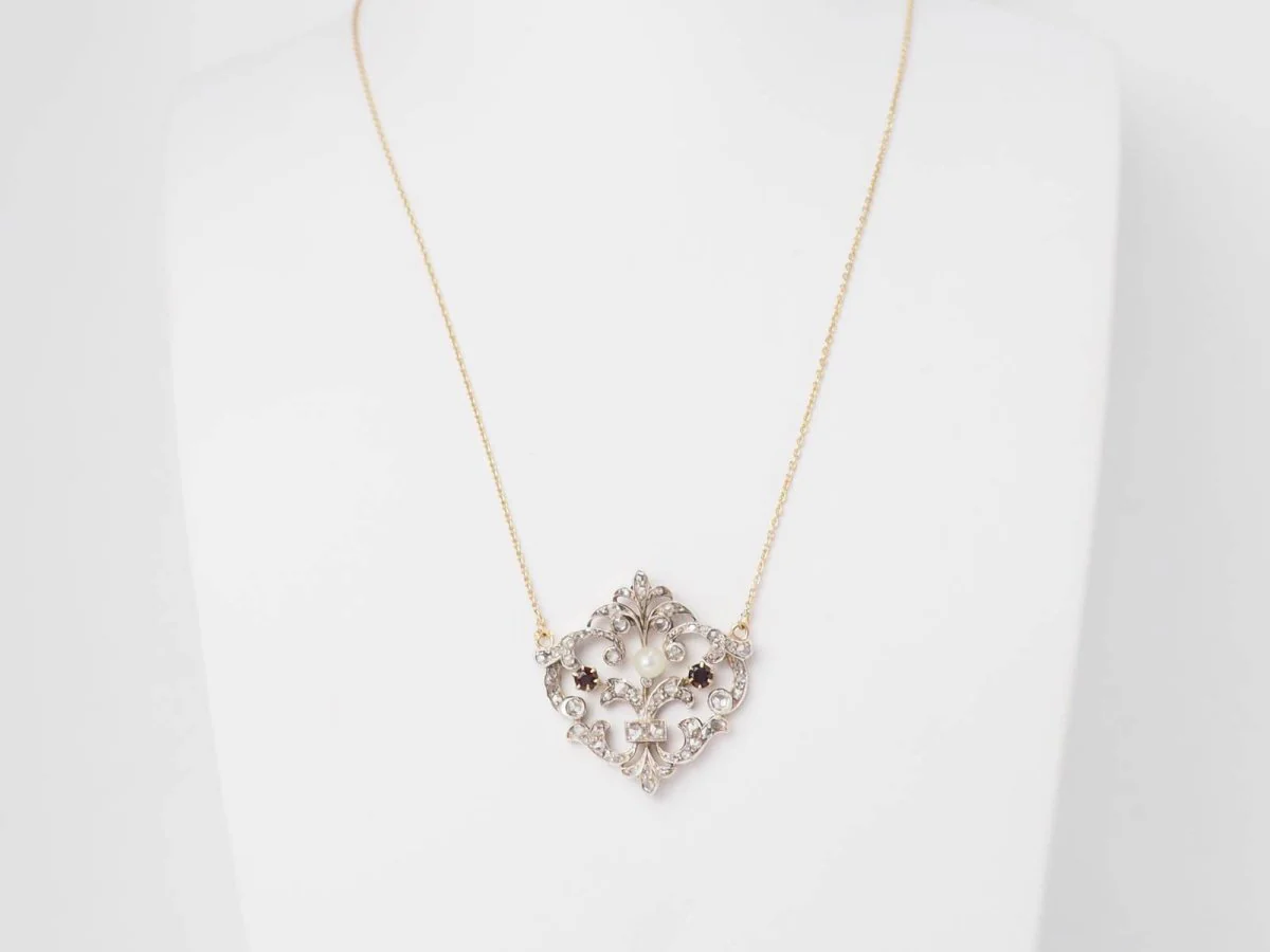 Collier volutes en or jaune et argent, grenat diamants et perle - Image 4