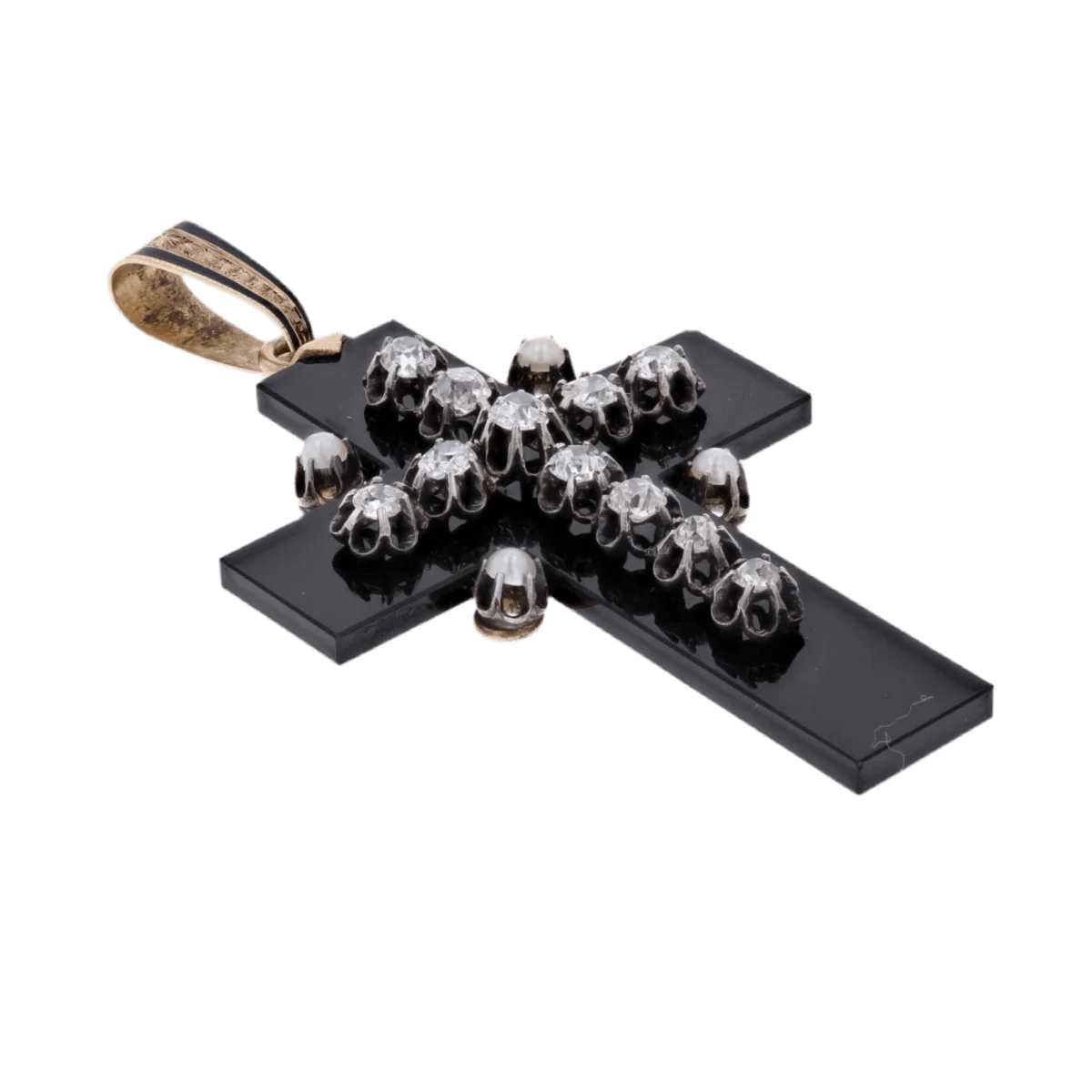 Pendentif en or jaune, argent, onyx, perles et diamants - Image 3