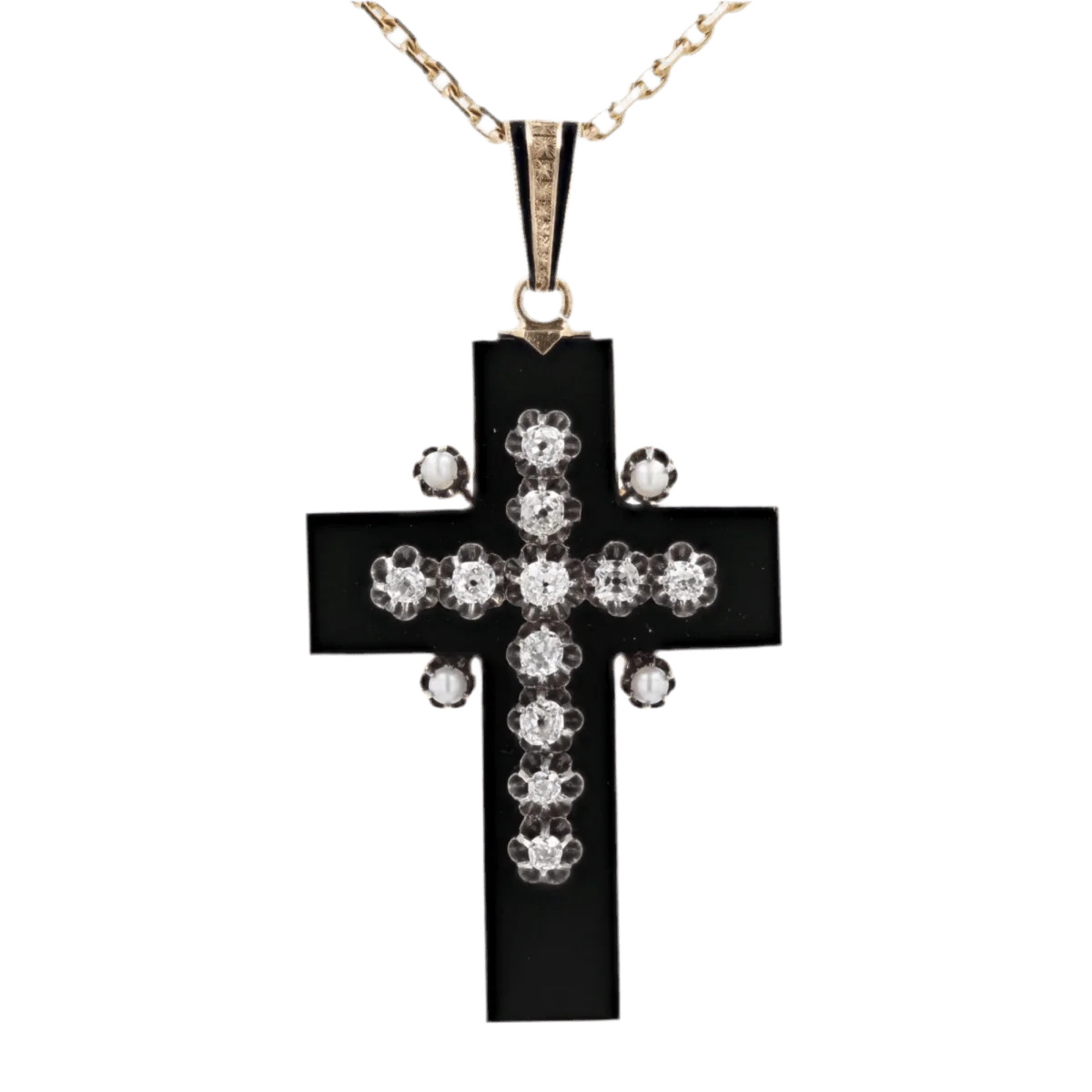 Pendentif en or jaune, argent, onyx, perles et diamants - Image 4