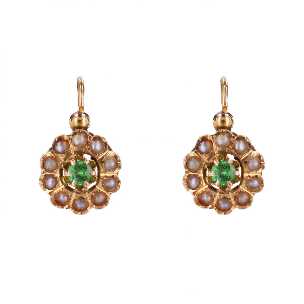 Boucles d'oreilles Dormeuses en or rose, grenats et perles