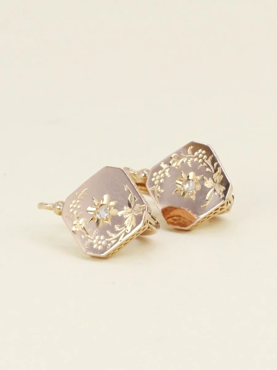 Dormeuses anciennes or rose diamant taille rose - Image 3
