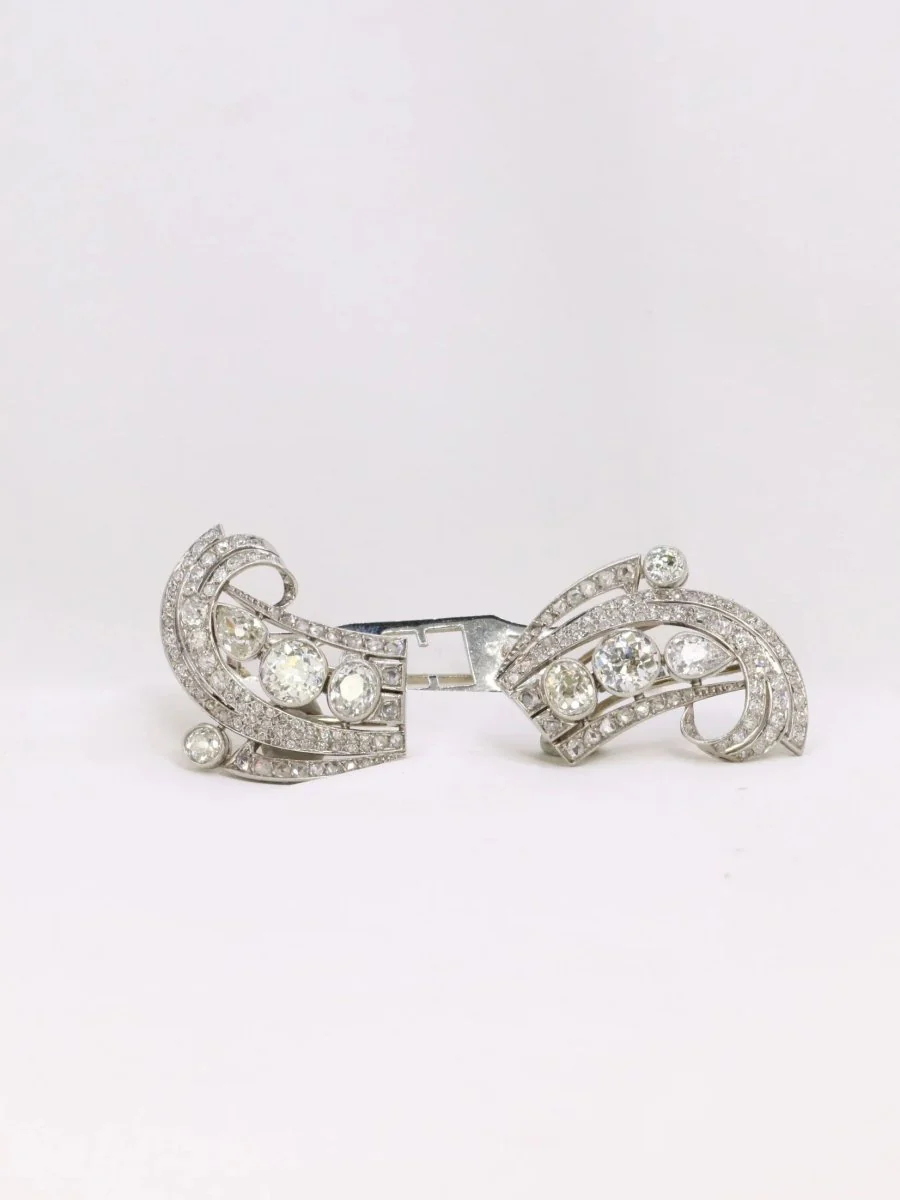 Double Clip Art-Déco platine diamants taille ancienne 6 carats - Image 3
