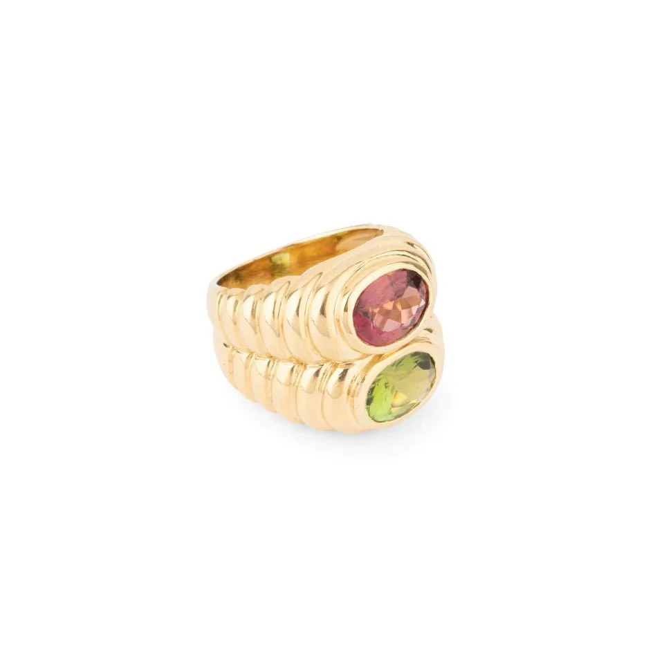Élégante bague en or jaune, tourmaline rose et péridot dans le style BULGARI - Image 3