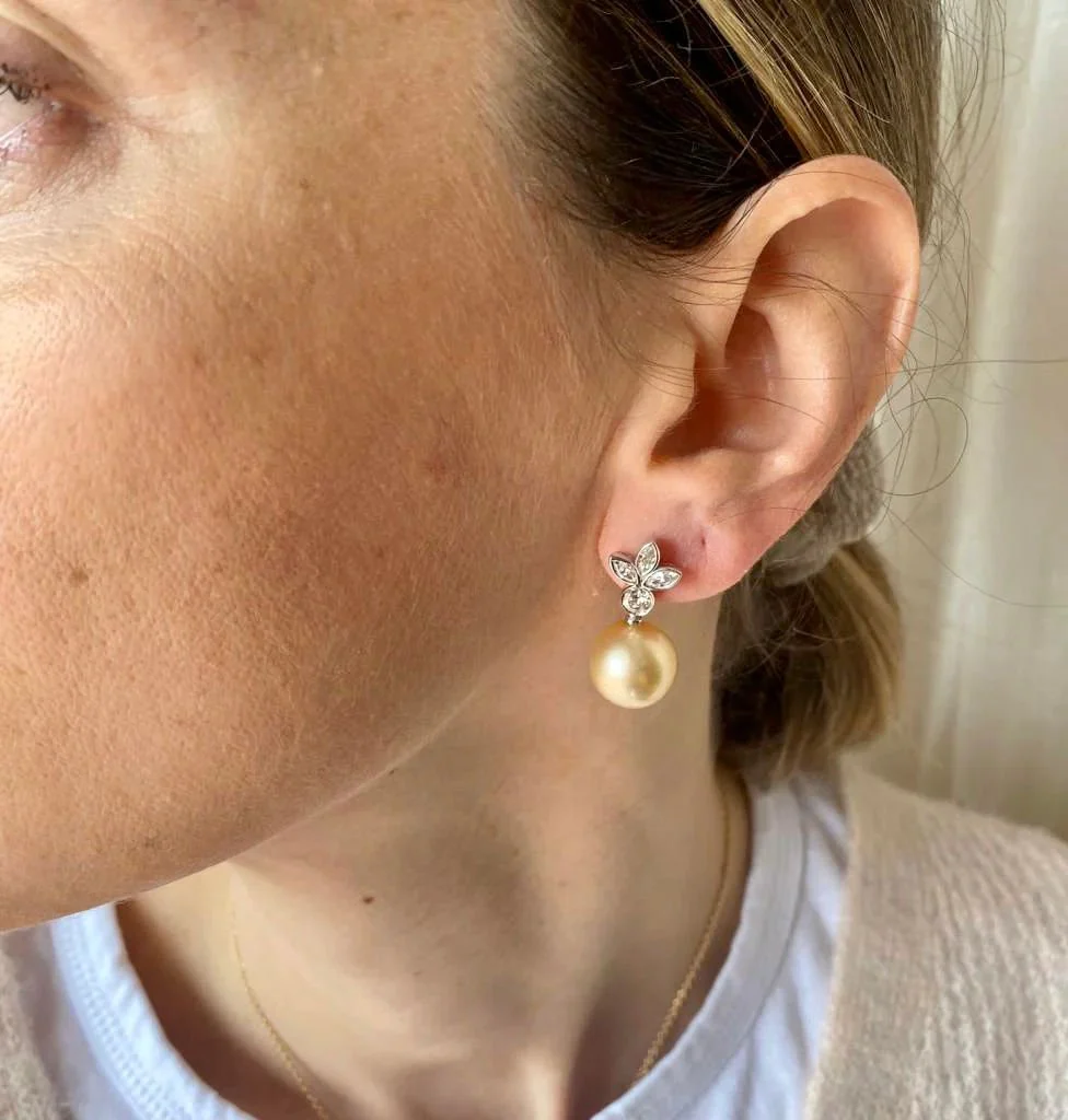 Estate Pearl Diamond Drop Earrings - Image 4