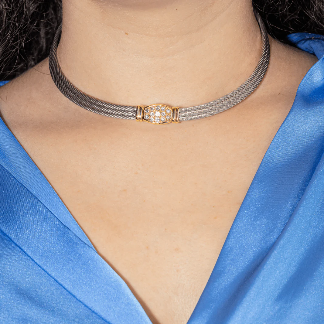 Collier Ras de Cou FRED "Force 10" en or jaune, acier et diamants - Image 2