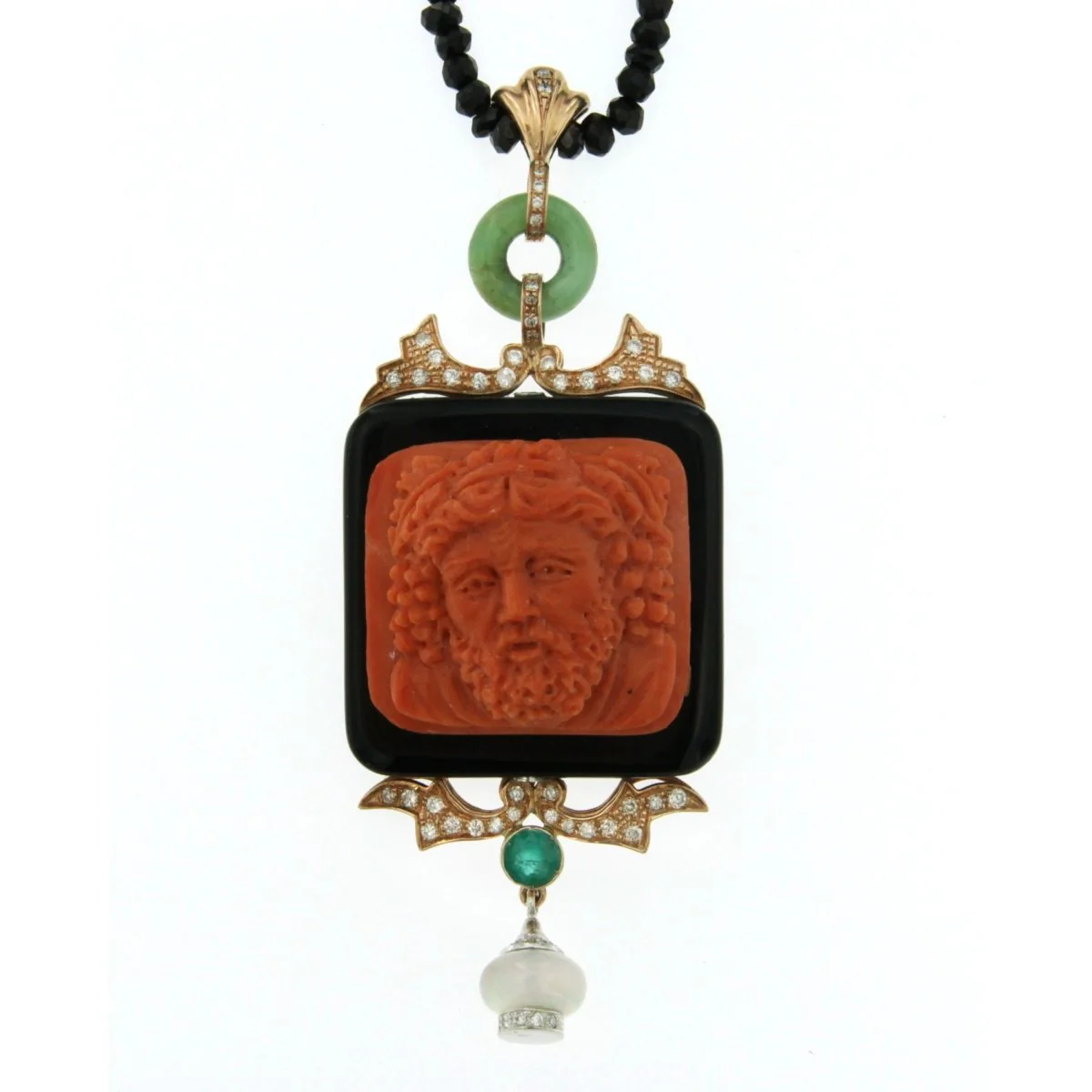 Hand-Carved Mediterranean Coral Onyx Diamond Gold Pendant - Image 2