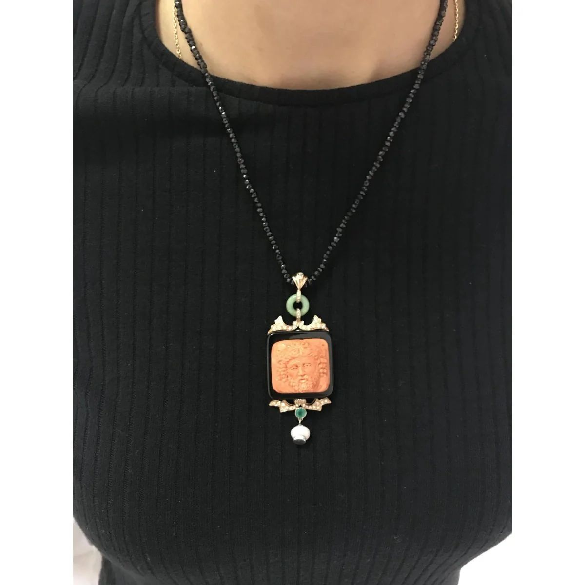Hand-Carved Mediterranean Coral Onyx Diamond Gold Pendant - Image 6