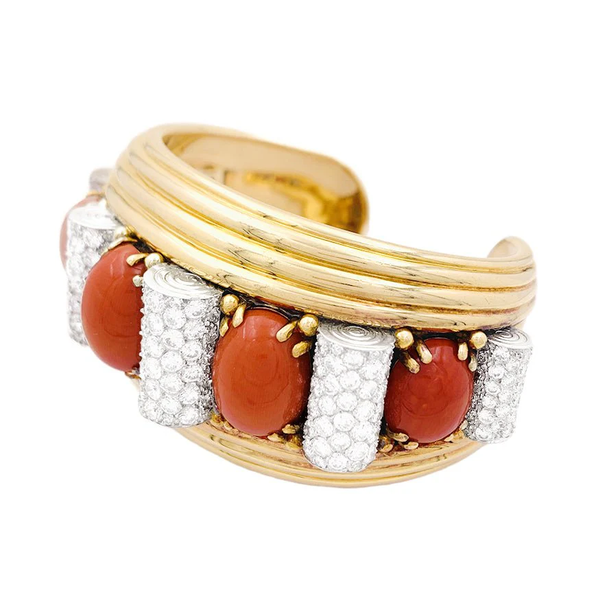 Bracelet jonc RENÉ BOIVIN en platine, or jaune, corail et diamants - Image 3