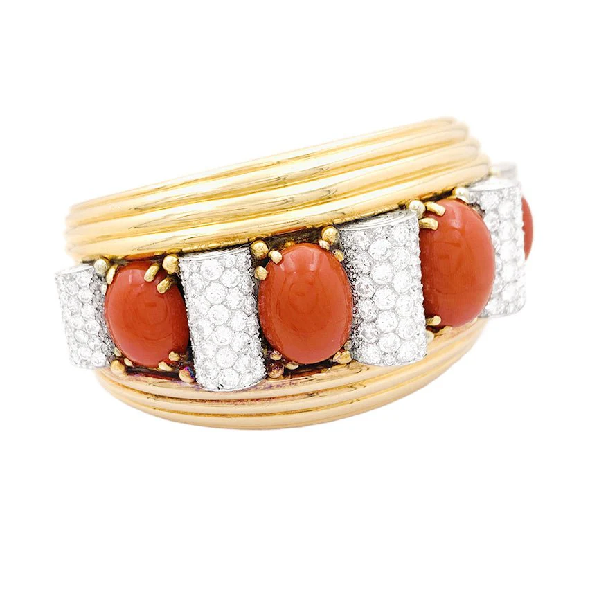 Bracelet jonc RENÉ BOIVIN en platine, or jaune, corail et diamants - Image 4