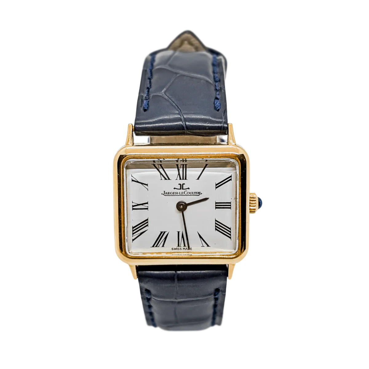 Montre Mécanique JAEGER LE COULTRE en or jaune, cuir et saphir