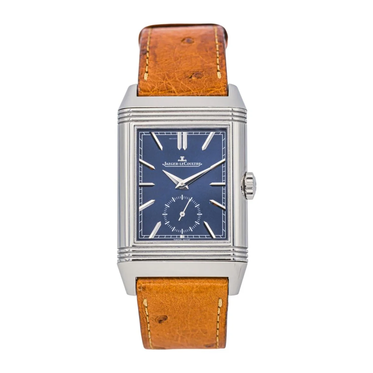 Montre JAEGER-LECOULTRE "Reverso Tribute Duoface" en acier, argent et cuir