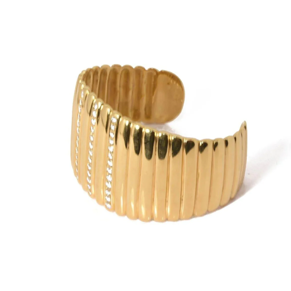 Bracelet Manchette en or jaune godronnée et diamants - Image 3