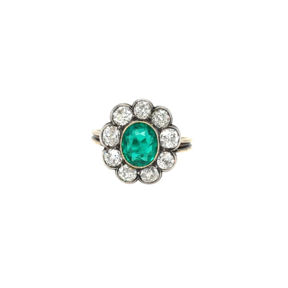 Late 19th century 2.00 Carat Emerald Diamond Gold/Silver Cluster Ring