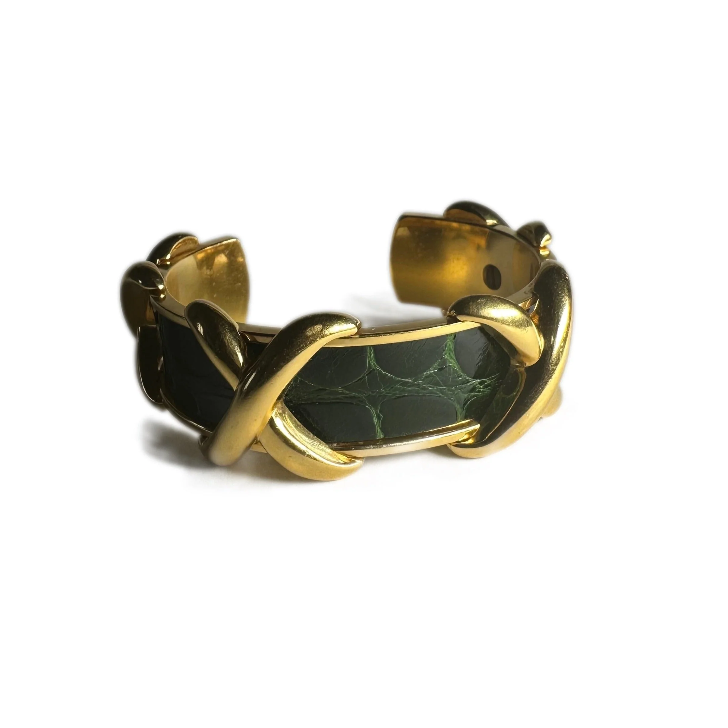 Bracelet HERMÈS Croisillons en métal doré et cuir de crocodile vert