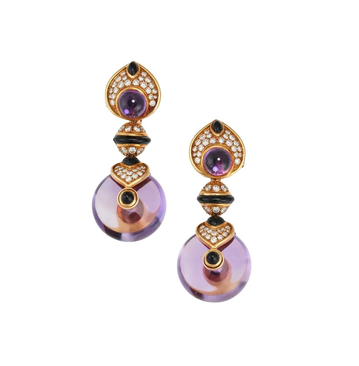 Boucles d'oreilles MARINA B "Pneu" en or jaune, améthystes, onyx et diamants