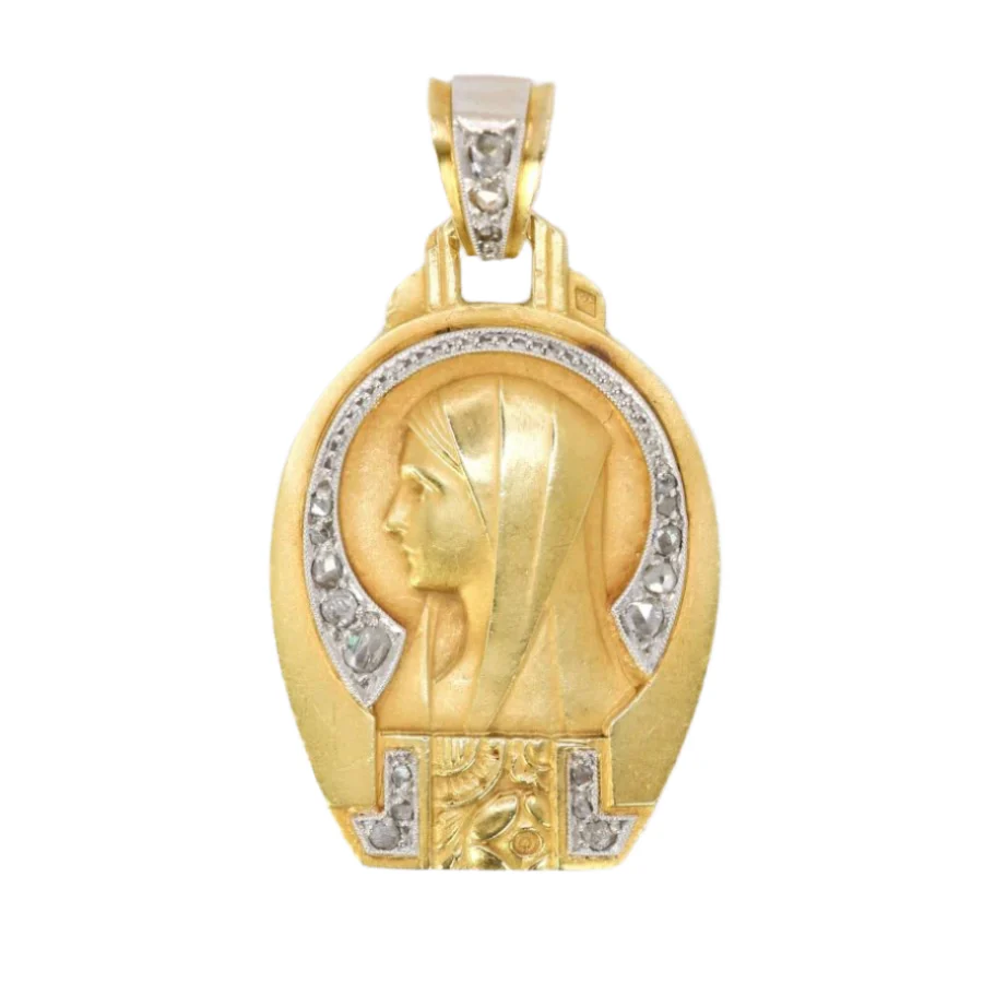 Médaille religieuse Art Deco Vierge de profil or jaune diamants taille rose