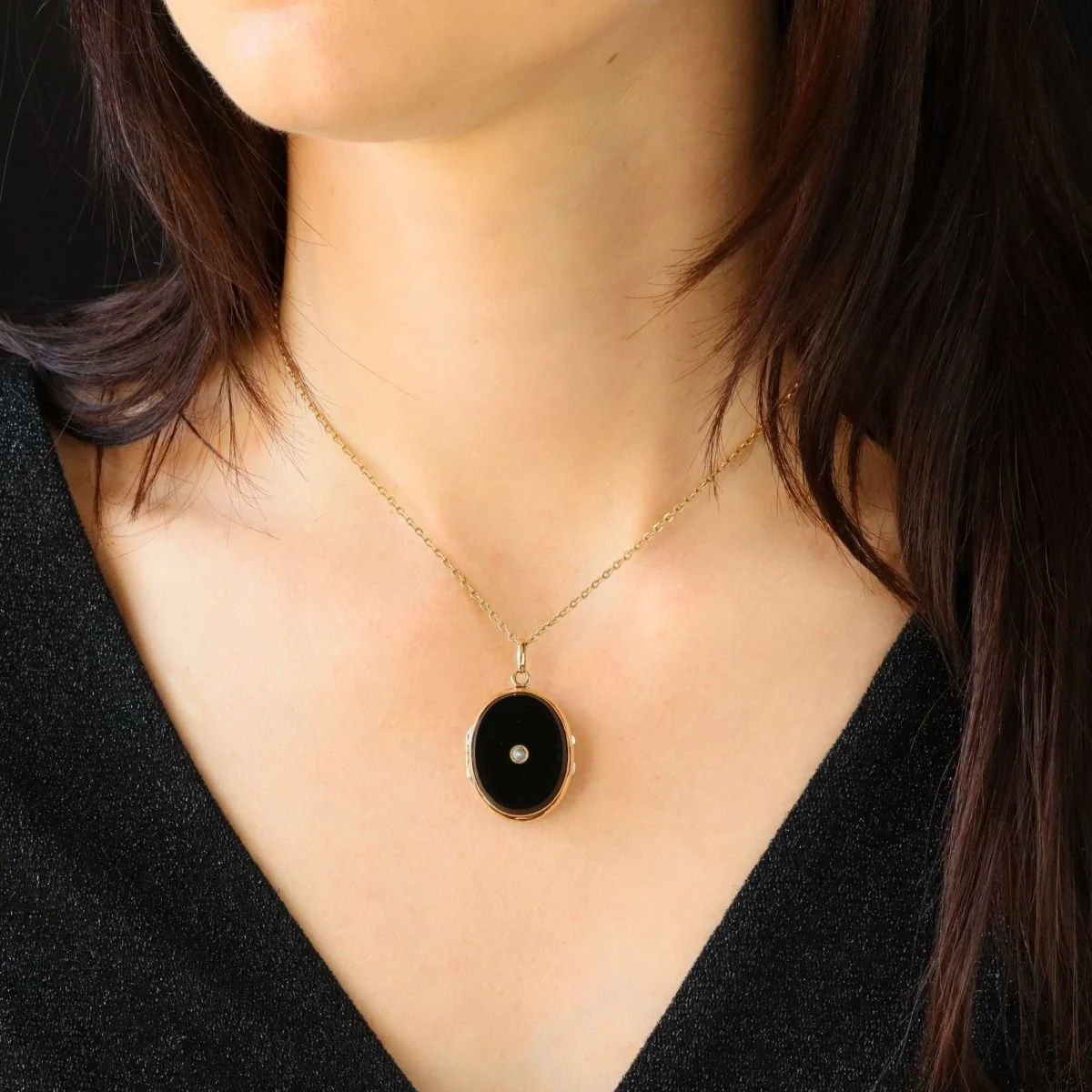 Pendentif en or jaune, perle et onyx - Image 2