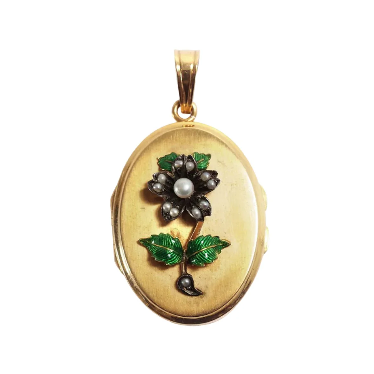 Médaillon en or jaune, argent, émail et perles