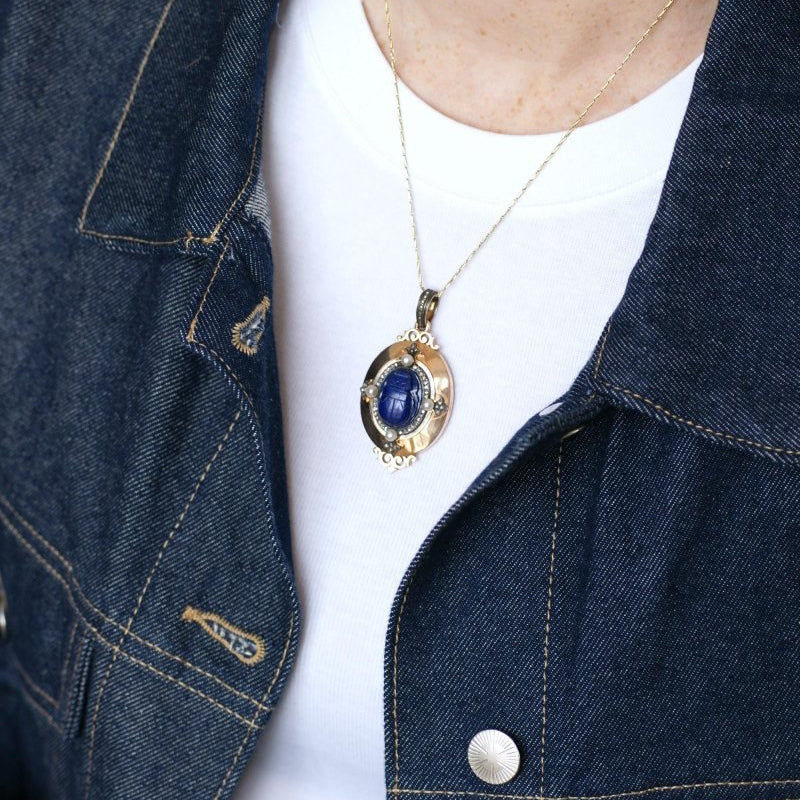 Médaillon Ancien Scarabée Lapis Lazuli Diamants et Perles - Image 11