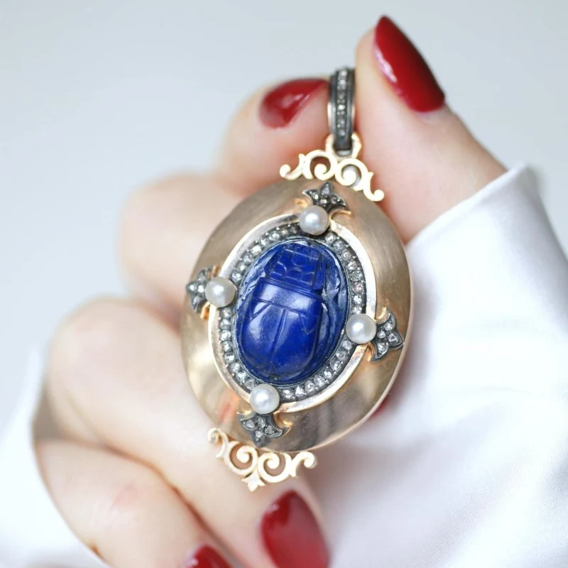 Médaillon Ancien Scarabée Lapis Lazuli Diamants et Perles - Image 12