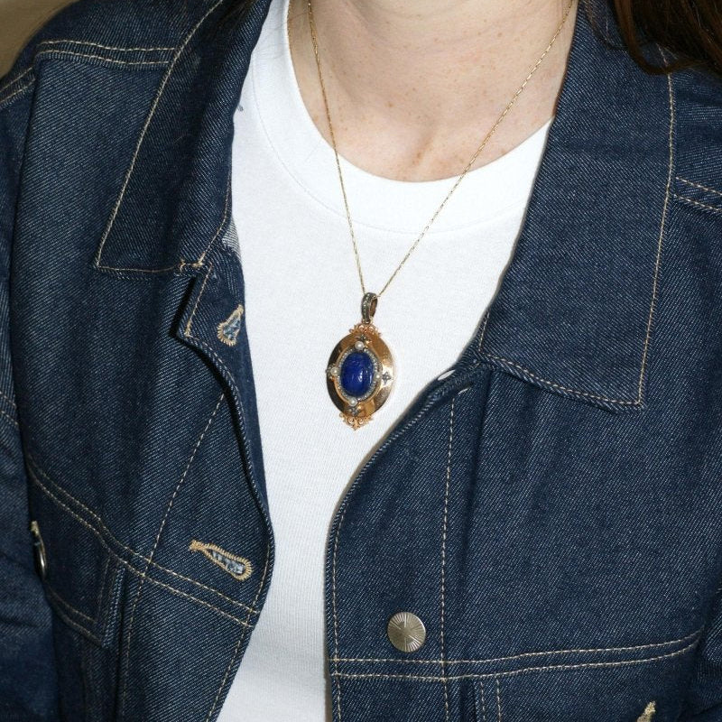 Médaillon Ancien Scarabée Lapis Lazuli Diamants et Perles - Image 13