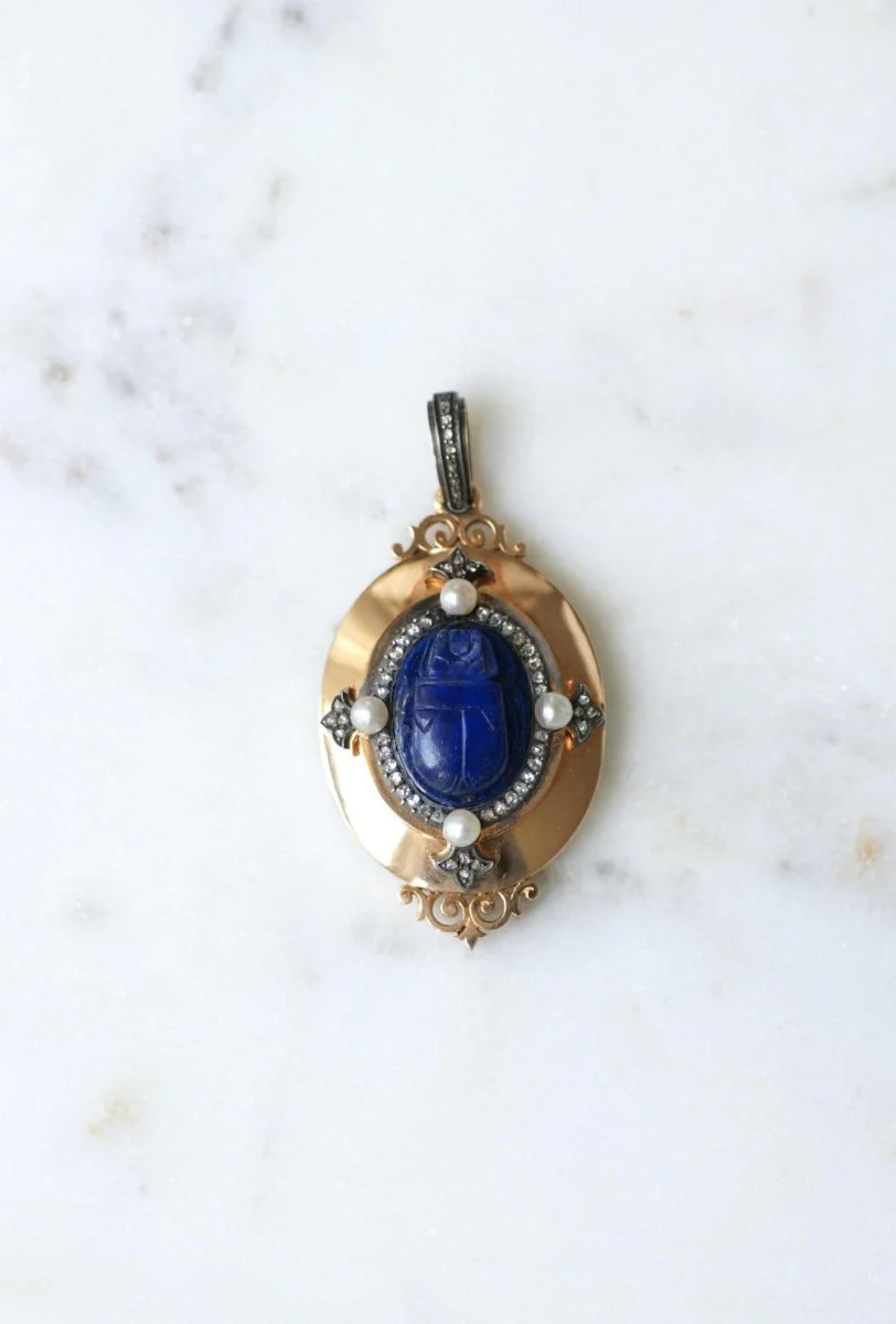 Médaillon Ancien Scarabée Lapis Lazuli Diamants et Perles - Image 2