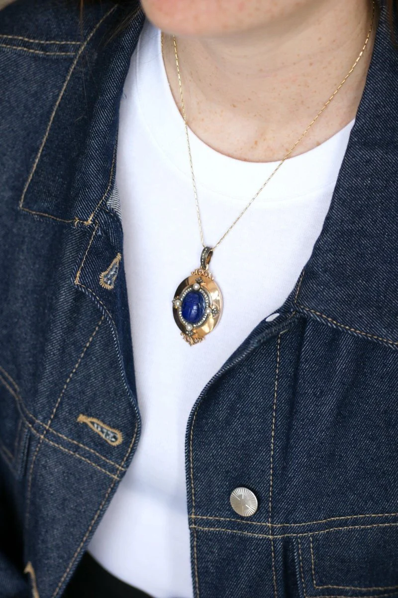 Médaillon Ancien Scarabée Lapis Lazuli Diamants et Perles - Image 3